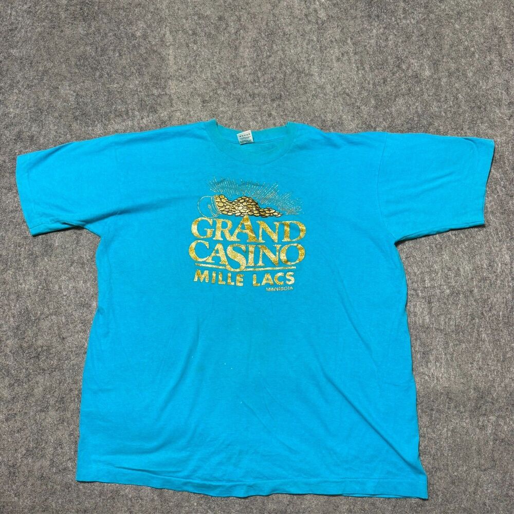 Vintage 90s Grand Casino Mille Lacs T Shirt XL Single Stitch Turquoise USA Made